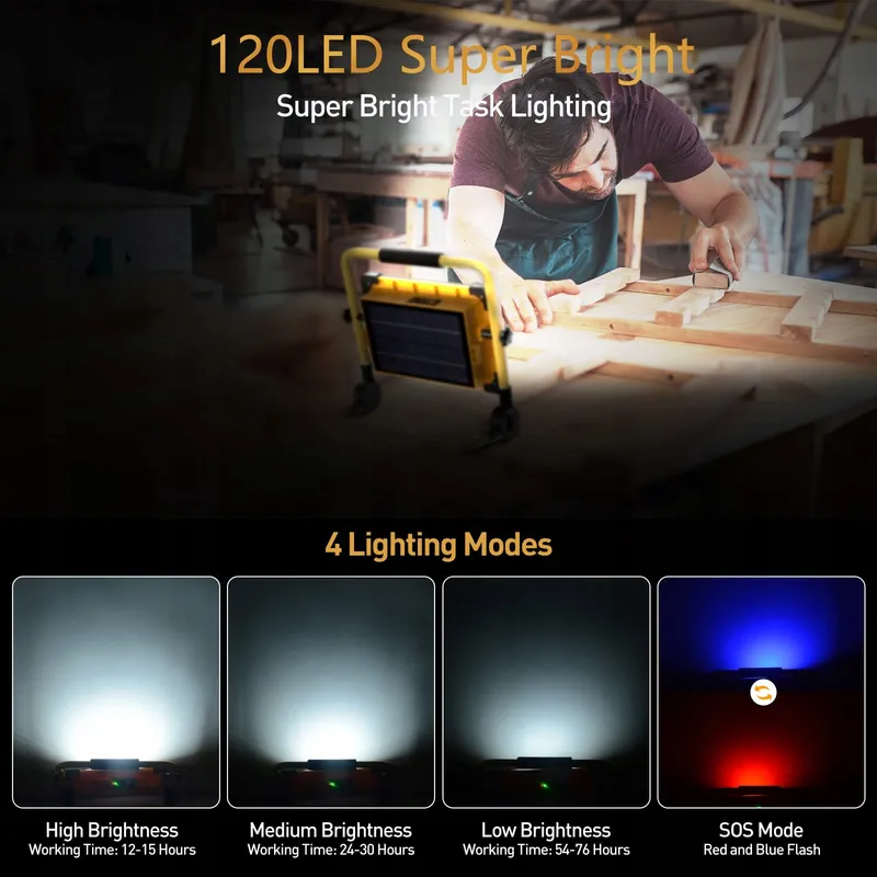 Solar LED Werklamp Oplaadbaar 120 LED USB 4 Standen Waterdicht — foto 2