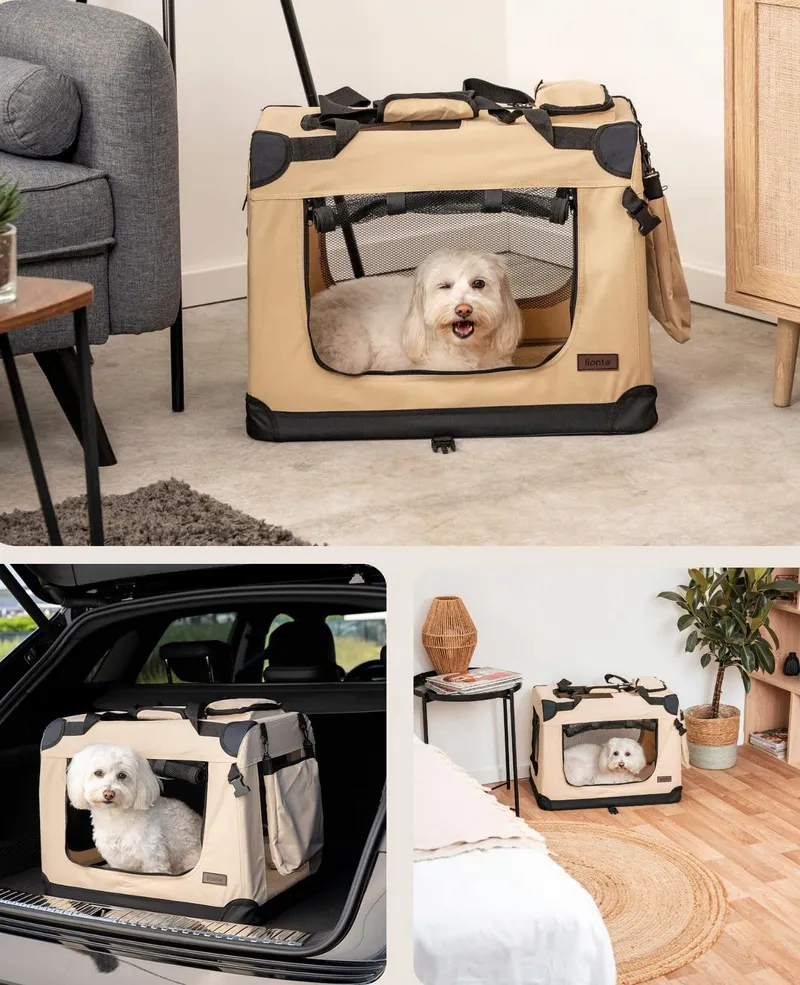 LIONTO Opvouwbare Transportbox Hond Kat Tot 12kg Beige 60x42x44cm — foto 3