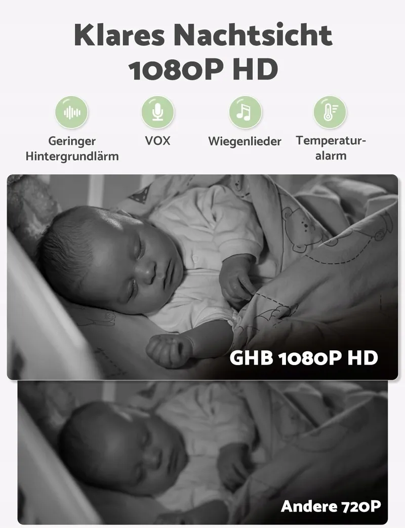 GHB Babyfoon Camera 5 Inch HD 1080P 4000mAh VOX 4xZoom 300m — foto 6