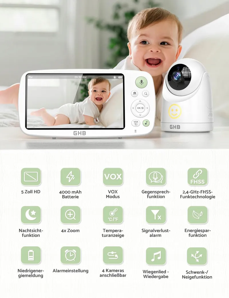 GHB Babyfoon Camera 5 Inch HD 1080P 4000mAh VOX 4xZoom 300m — foto 2