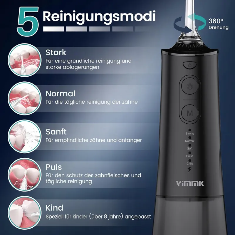 VIMMK Draadloze Waterflosser 5 Standen 8 Sproeiers IPX7 300ml USB-C — foto 3
