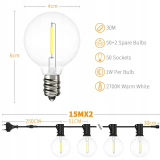 YUUCIO LED Lichtsnoer Buiten 30M 50+2 G40 Waterdicht Warm Wit — miniatuur 3