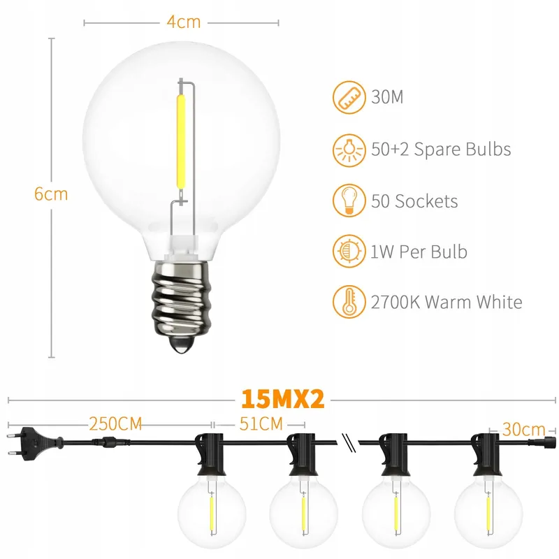 YUUCIO LED Lichtsnoer Buiten 30M 50+2 G40 Waterdicht Warm Wit — foto 3