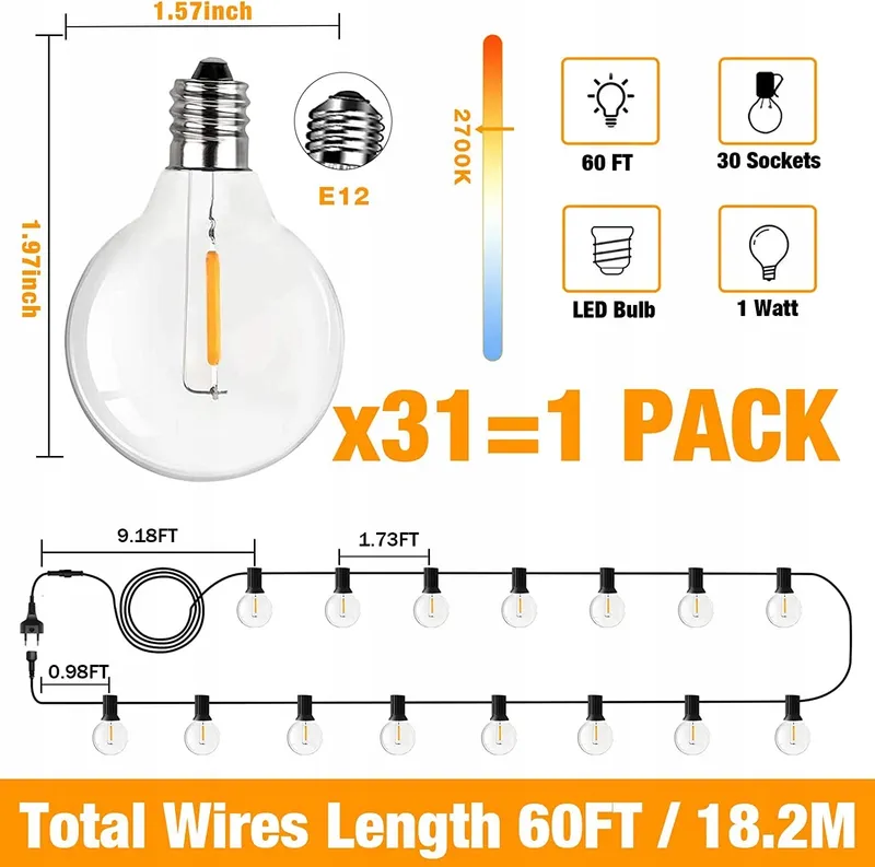SUWIN LED Lichtsnoer Buiten 18m Warmwit Waterdicht Balkon — foto 4