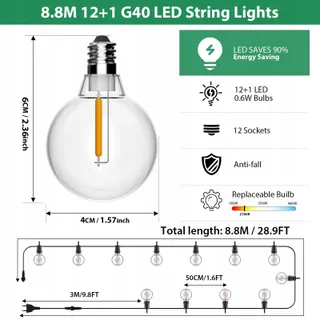 FIFLYING LED Lichtsnoer Buiten 8,8M 12+1 Lampen Balkon Tuin — miniatuur 4