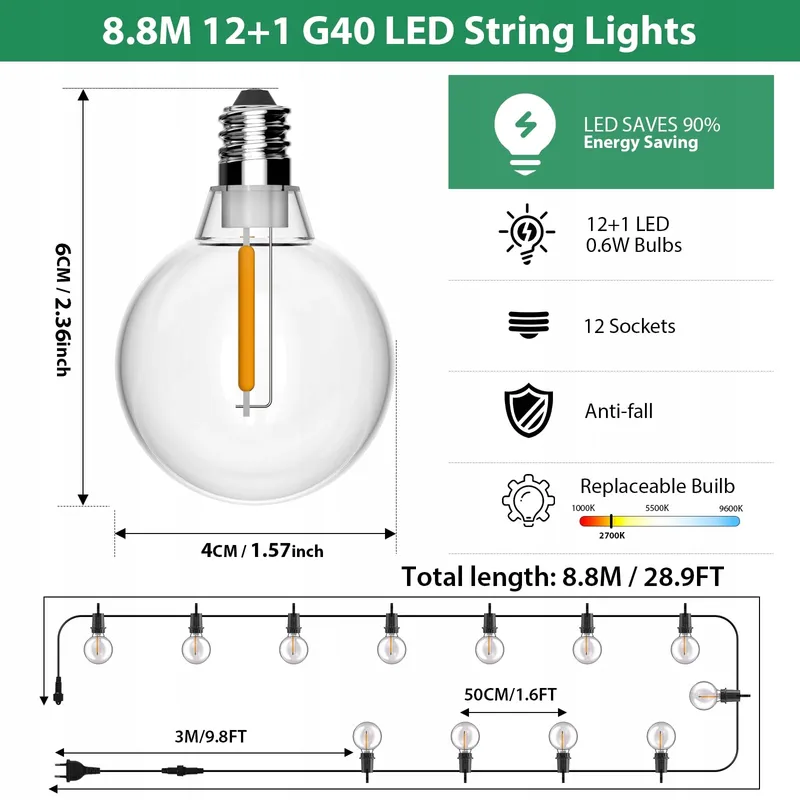 FIFLYING LED Lichtsnoer Buiten 8,8M 12+1 Lampen Balkon Tuin — foto 4