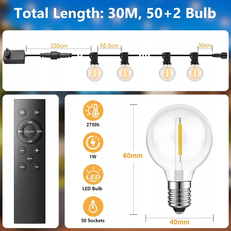 LED Buitenverlichting 30m 52 Lampen Warmwit Met Afstandsbediening — foto 8