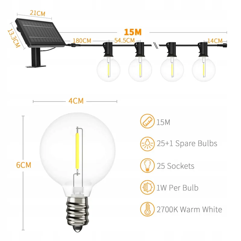 YUUCIO Solar LED Lichtsnoer 15m IP44 Waterdicht Buiten — foto 3
