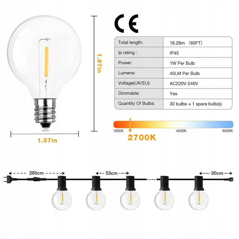 GPATIO LED Tuinlichtketting 18M 30+1 G40 IP45 Waterdicht — foto 6