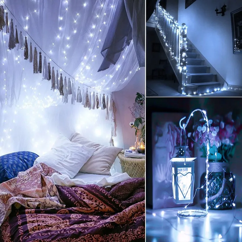 BXROIU 2x50 LED Zilverdraad Lichtjes Batterij 8 Programma's Koud Wit — foto 3