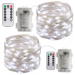 BXROIU 2x50 LED Zilverdraad Lichtjes Batterij 8 Programma's Koud Wit — miniatuur 7