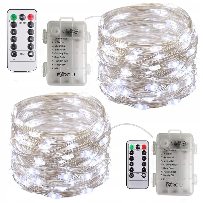 BXROIU 2x50 LED Zilverdraad Lichtjes Batterij 8 Programma's Koud Wit — foto 7