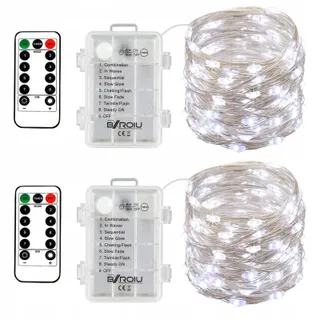 BXROIU 2x50 LED Zilverdraad Lichtjes Batterij 8 Programma's Koud Wit — miniatuur 1