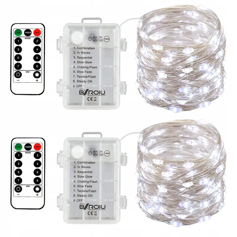 BXROIU 2x50 LED Zilverdraad Lichtjes Batterij 8 Programma's Koud Wit — foto 1