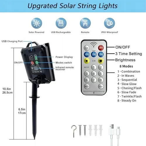 LITARK Solar Tuinverlichting 10m 100 LED Afstandsbediening USB Multicolor — foto 8