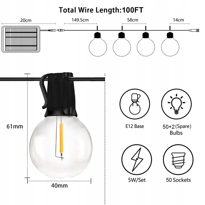 BOMCOSY Solar LED Tuinlichtsnoer 30M IP45 Waterdicht 4 Modi 50 Lampen — foto 5