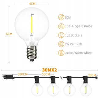 YUUCIO LED Lichtketting G40 Buiten 60m Afstandsbediening Waterdicht — miniatuur 3