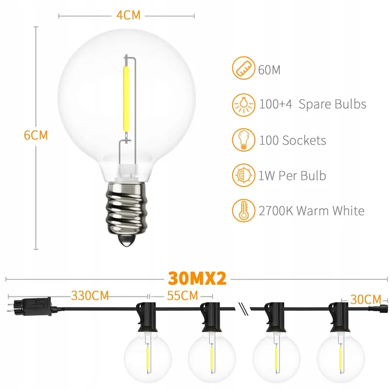 YUUCIO LED Lichtketting G40 Buiten 60m Afstandsbediening Waterdicht — foto 3