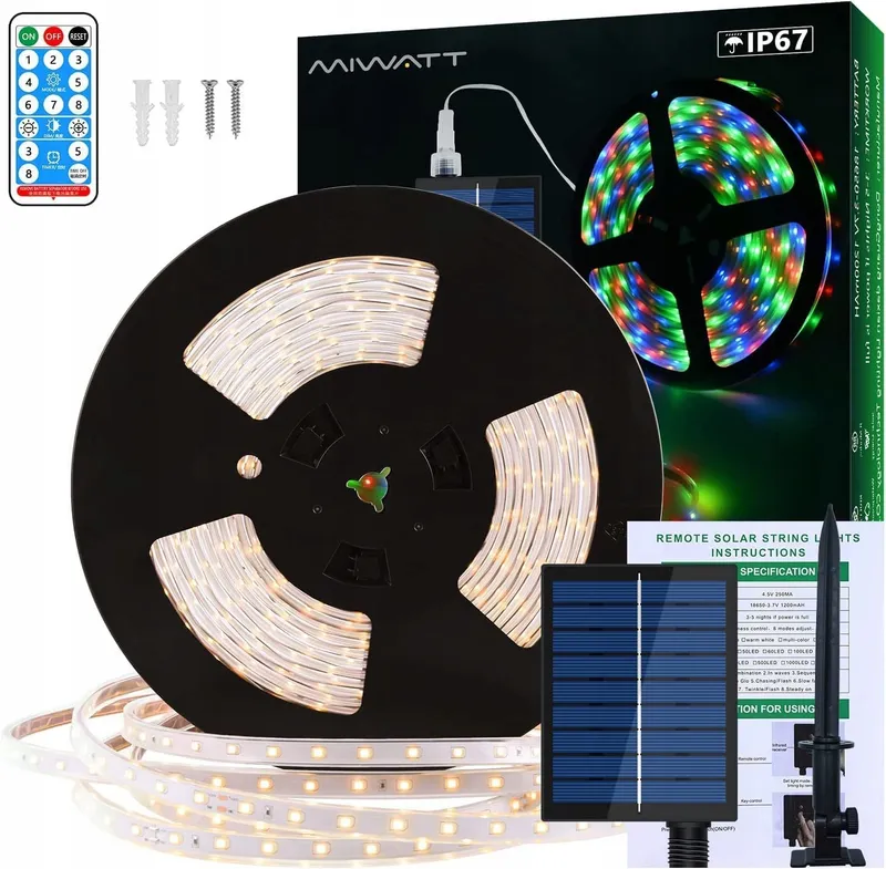 MIWATT Solar LED Strip 10m Warmwit 560 LED RF 17 Toetsen — foto 1