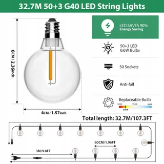 LED Lichtsnoer Buiten Balkon Tuin 32,7M 50 Lampen — miniatuur 3