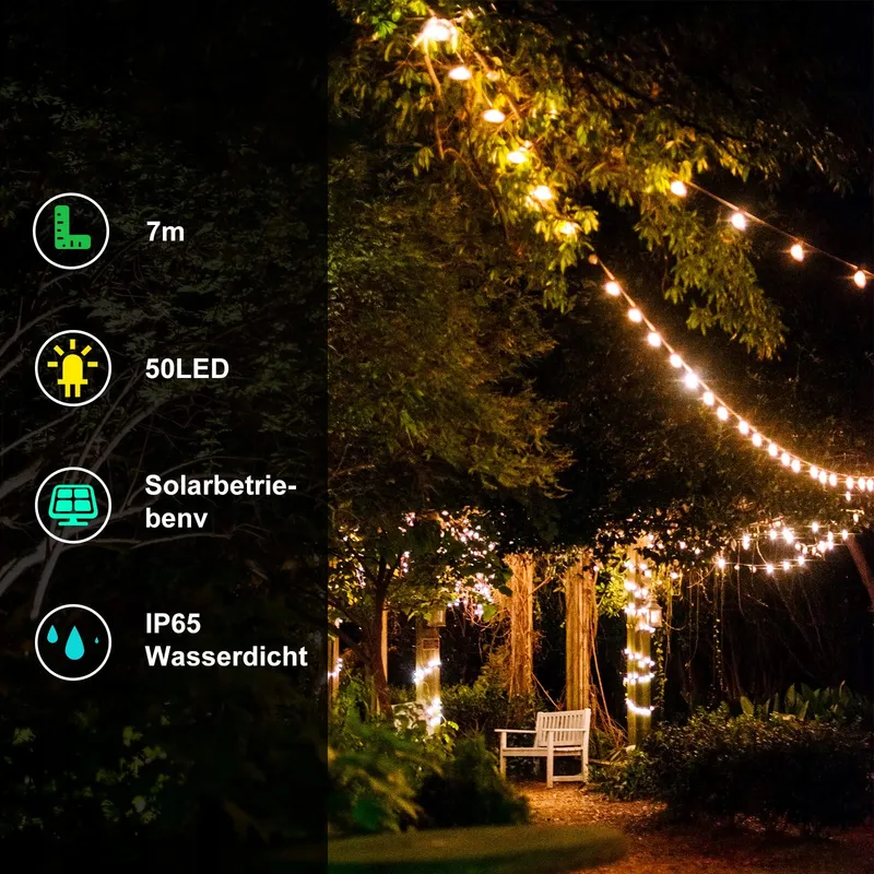 NLNEY Solar LED Lichtsnoer Bollen Buiten 7M 50LED 8 Modi — foto 2