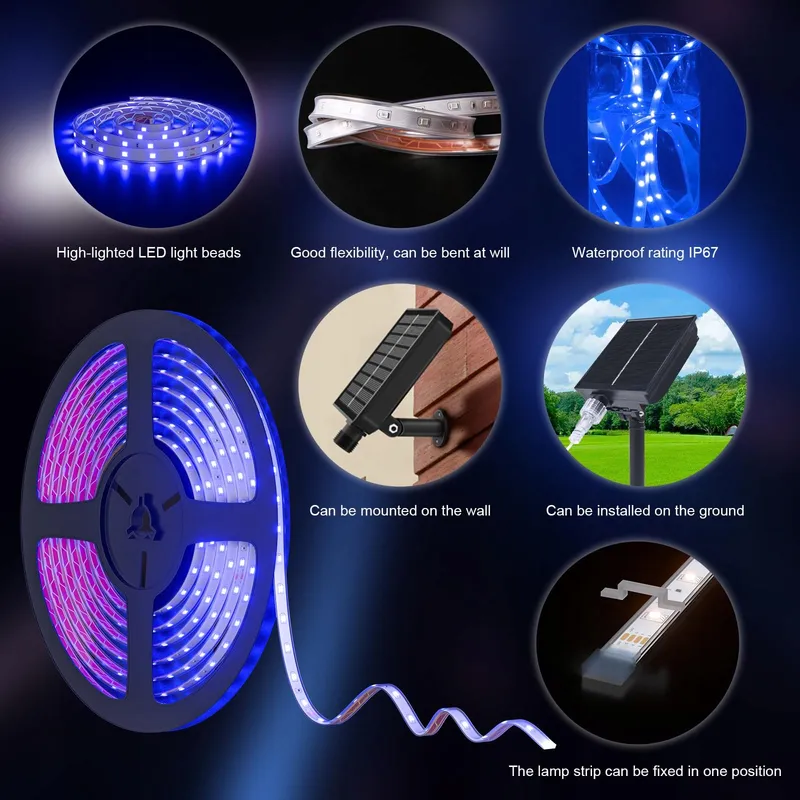 MIWATT Solar LED Strip 10m IP67 Blauw 560 LED Afstandsbediening — foto 6