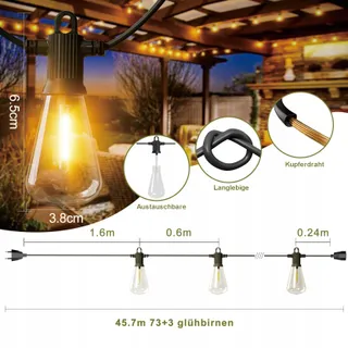 KAWAYA LED Tuinlichtsnoer 45M IP65 Waterdicht 76 Lampen — miniatuur 4