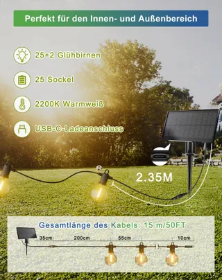 ZUSKE Solar Lichtketting Buiten 15M 25+2 G40 Warm IP65 Tuin Balkon — miniatuur 5