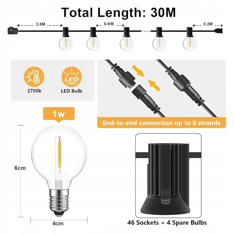 MIOOTLY LED Lichtsnoer Buiten 30M 46+4 LED Waterdicht Tuin Terras — foto 3