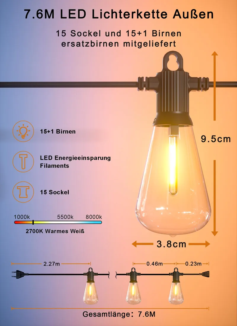 LED Lichtsnoer Buiten 7,6m IP65 Tuin Terras Balkon Bruiloft — foto 2