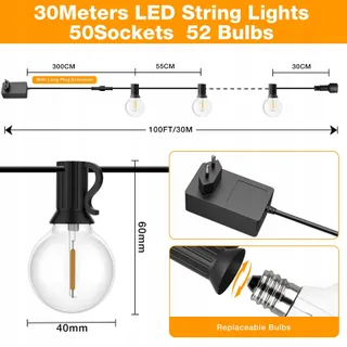 GLUROO LED Lichtsnoer Buiten 30M 50+2 G40 Waterdicht Warmwit — miniatuur 6