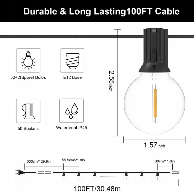 GLUROO 30M LED Tuinlichtsnoer Buiten IP45 50+2 Lampen — foto 5