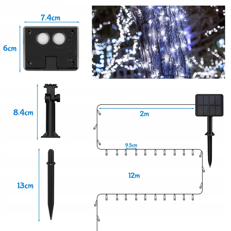 ETOPGO Solar LED Lichtsnoer Waterdicht 12M 120LED — foto 6