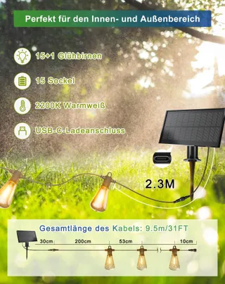 ZUSKE Solar LED Lichtsnoer 95M Waterdicht Tuin Balkon — miniatuur 6