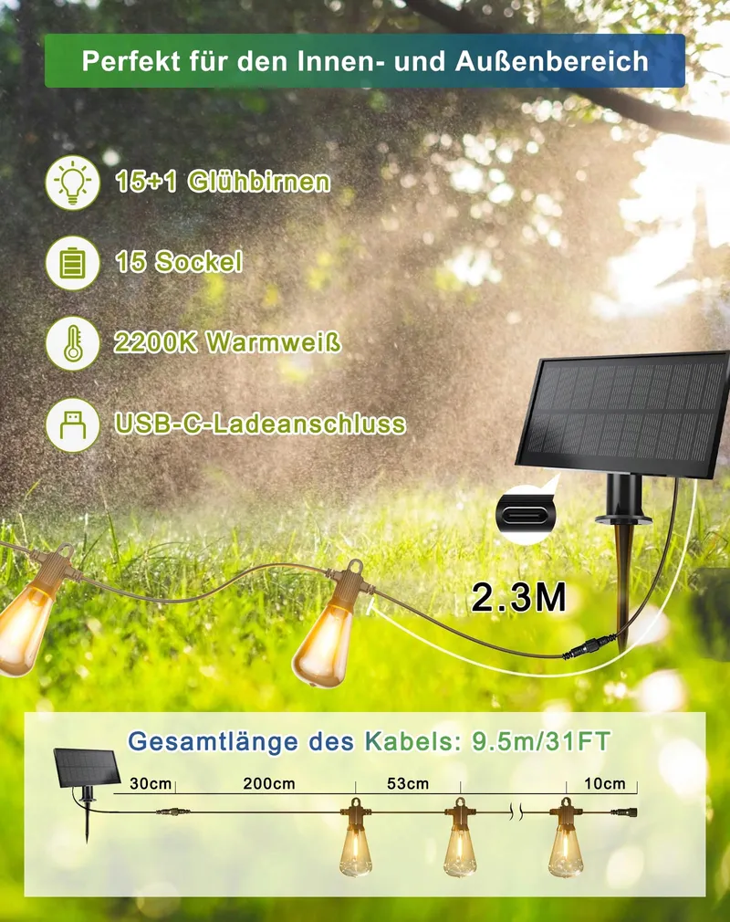 ZUSKE Solar LED Lichtsnoer 95M Waterdicht Tuin Balkon — foto 6