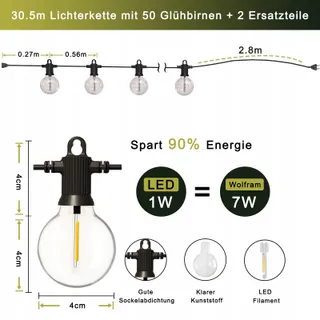 KAWAYA LED Lichtketting Buiten 30M 50+2 Lampen IP65 Warmwit — miniatuur 7