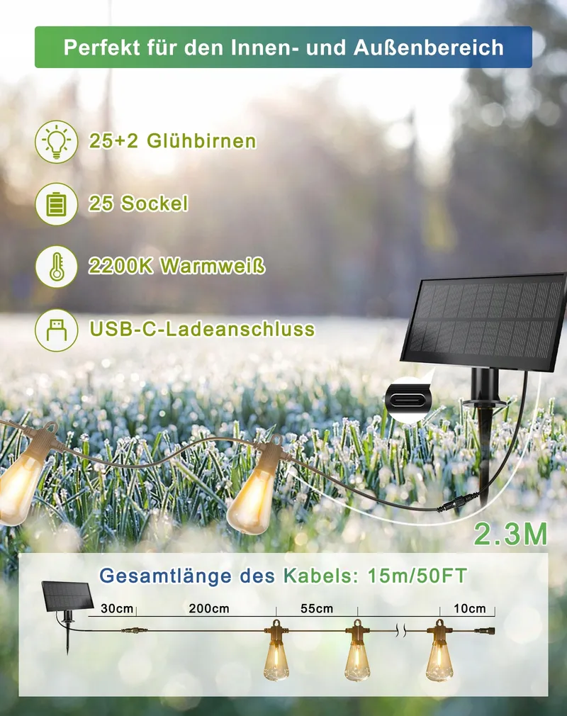 ZUSKE Solar Lichtsnoer Buiten 15M 25+2 Gloeilampen Warmwit IP65 — foto 6