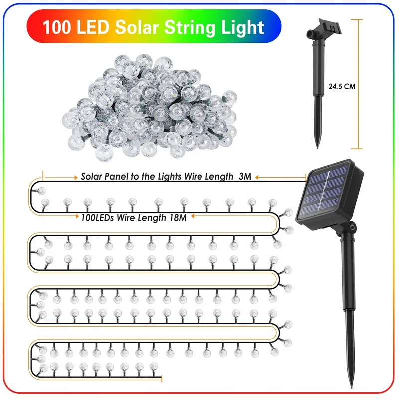 Solar Lichtsnoer 100 LED 18M IP65 Kristallen Bollen Buiten — foto 7