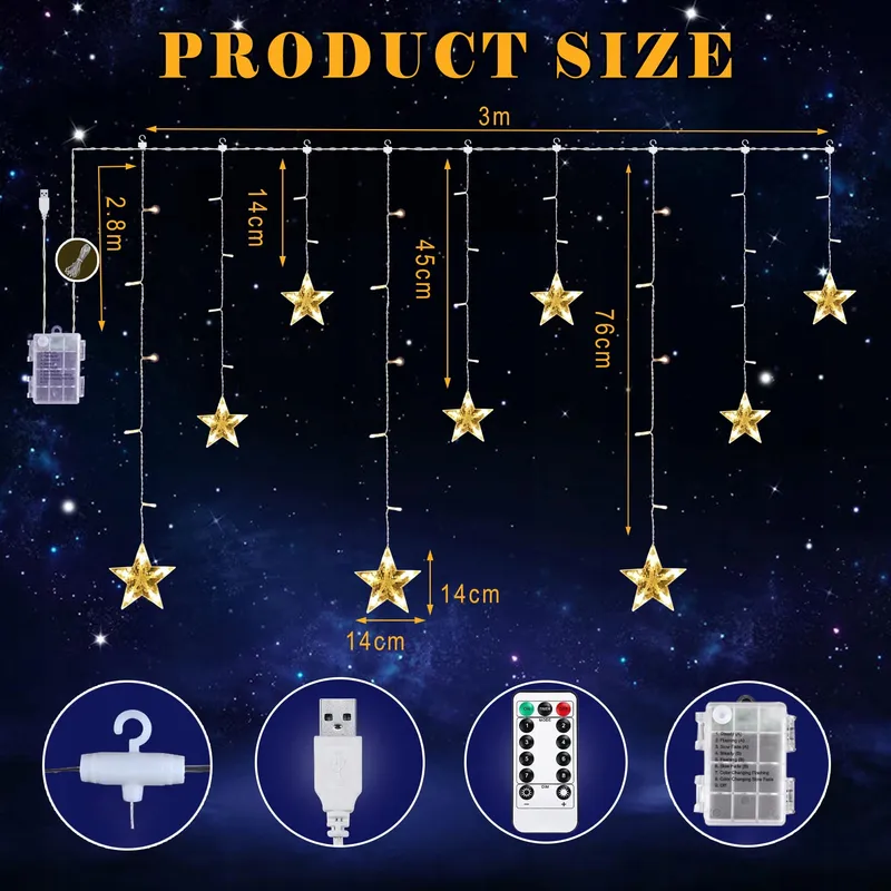 ALUUSY LED Lichtgordijn Sterren Kerst 3M 120 LED — foto 3