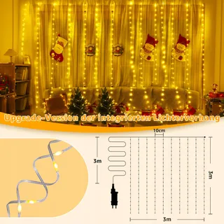 OLLNY Lichtgordijn Buiten 3x3m 300 LED 8 Modi Timer Dimbaar — miniatuur 3