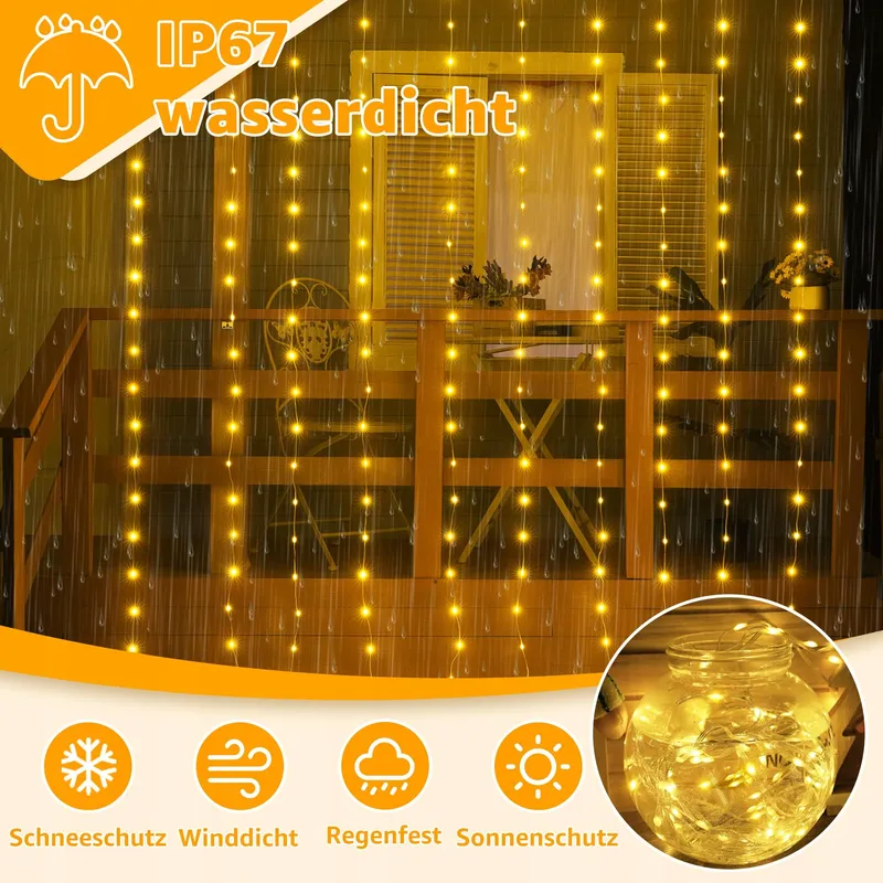 OLLNY Lichtgordijn Buiten 3x3m 300 LED 8 Modi Timer Dimbaar — foto 2