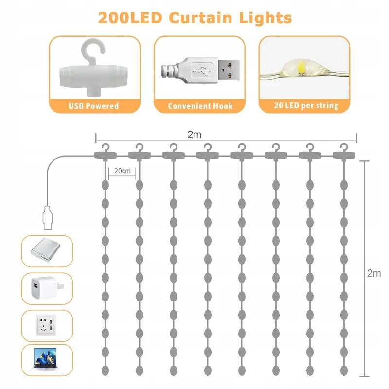 A.BIGWHALE Lichtgordijn Decoratief 2x2m 200LED — foto 3