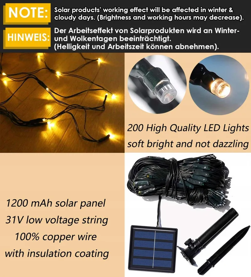 TIYUPA Solar Lichtnet 3x2m 200 LED 8 Modi Weerbestendig — foto 2