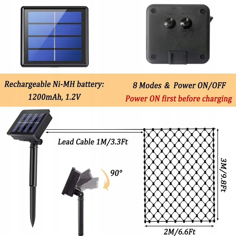 TIYUPA Solar Lichtnet 3x2m 200 LED 8 Modi Weerbestendig — foto 6