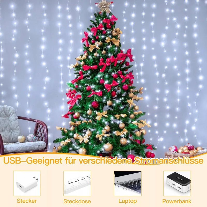 OLLNY LED Lichtgordijn Waterdicht Wit 3x3m 300 LED — foto 1