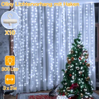 OLLNY LED Lichtgordijn Waterdicht Wit 3x3m 300 LED — miniatuur 3