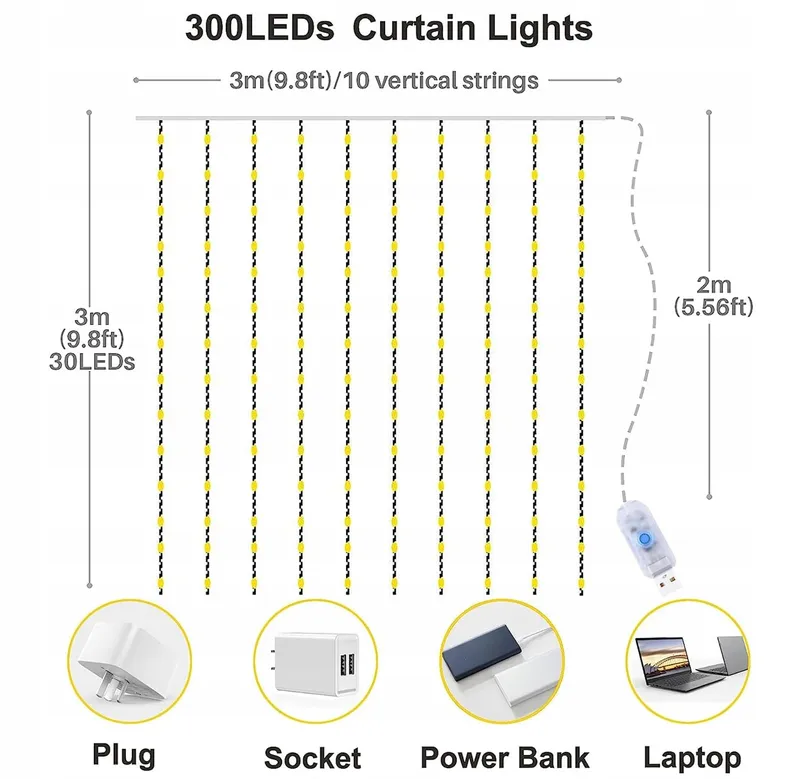 YIZHET Lichtgordijn 3x3m 300 LED Roze 8 Modi IP65 β foto 2