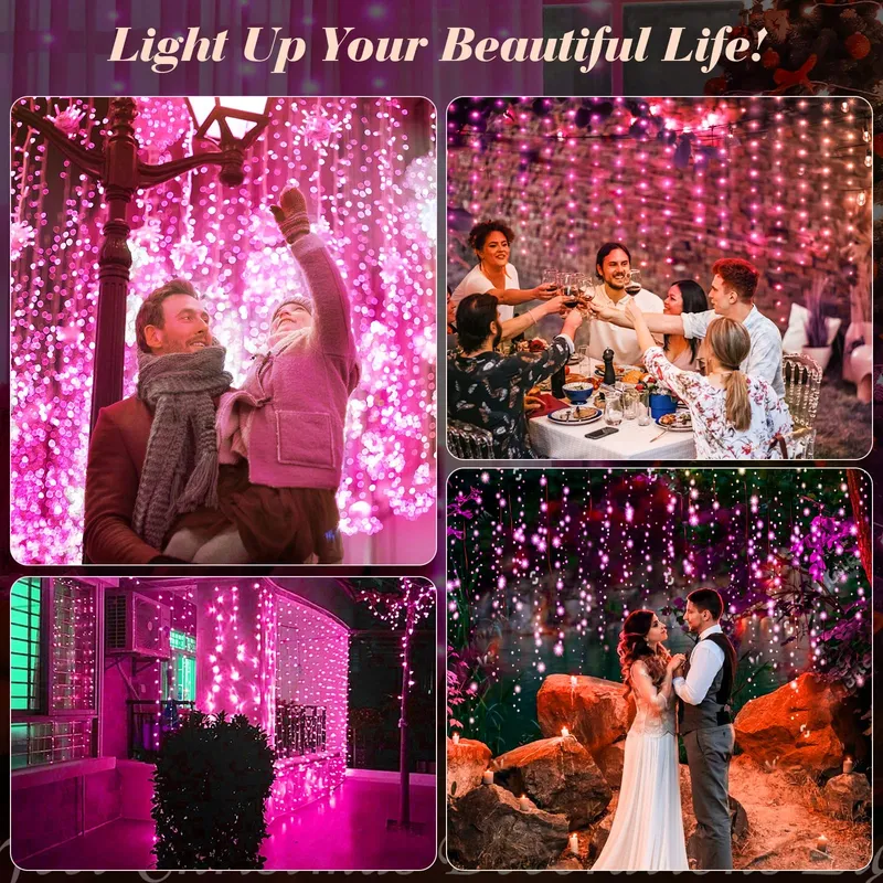 YIZHET Lichtgordijn 3x3m 300 LED Roze 8 Modi IP65 β foto 8