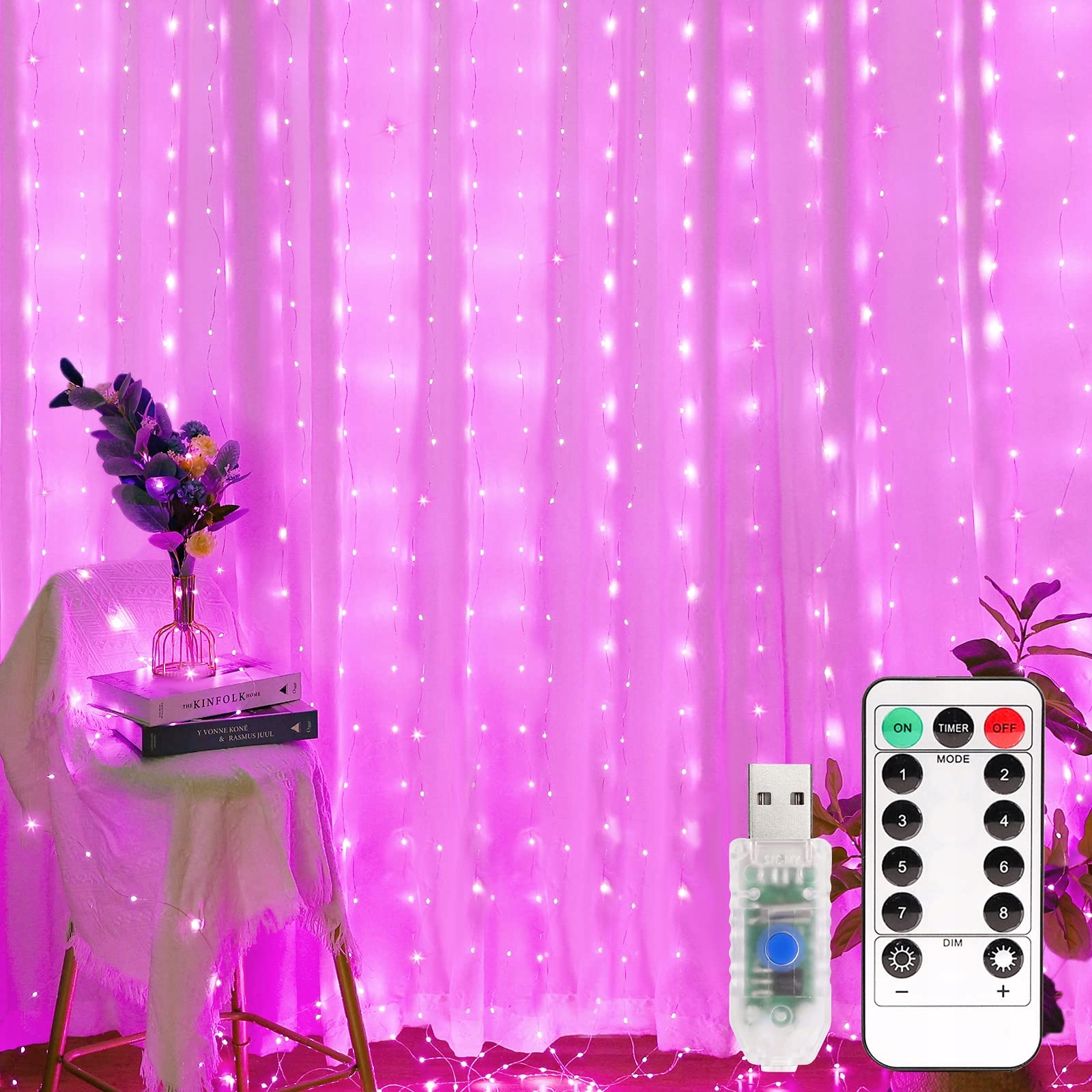 YIZHET Lichtgordijn 3x3m 300 LED Roze 8 Modi IP65