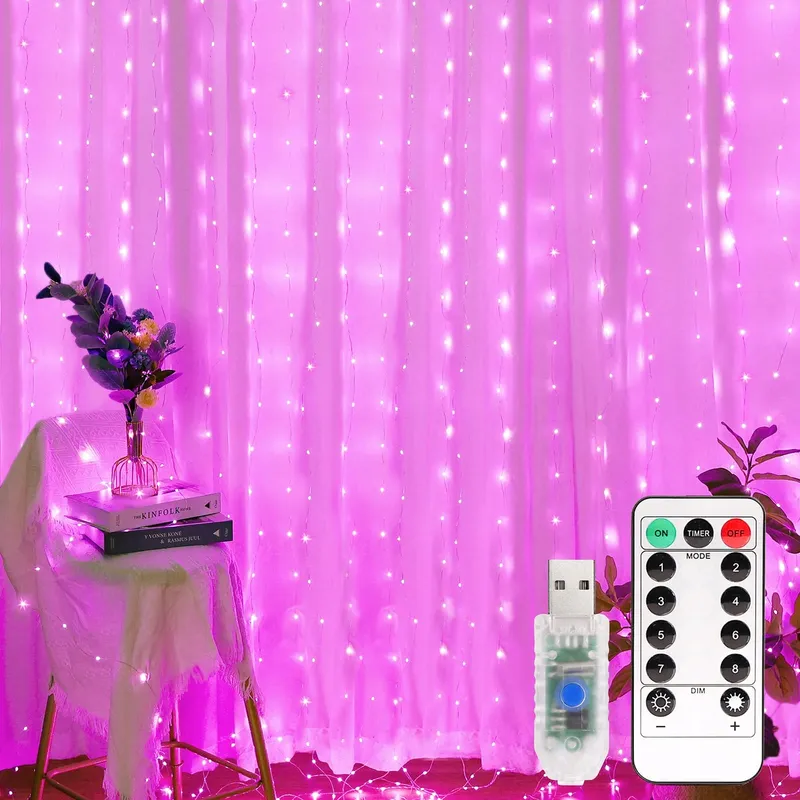 YIZHET Lichtgordijn 3x3m 300 LED Roze 8 Modi IP65 β foto 1